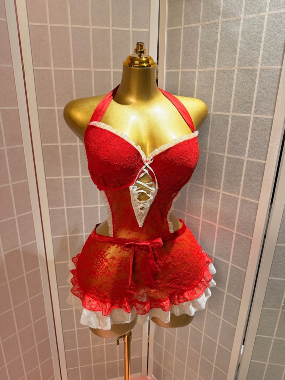 Victoria's Secret Red Lace Halter Chemise with White Ruffle Trim